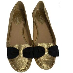 EUC Kate Spade NY Leather Ballet Flats Loafer Moccasin w/ Bow Metallic Gold (7)